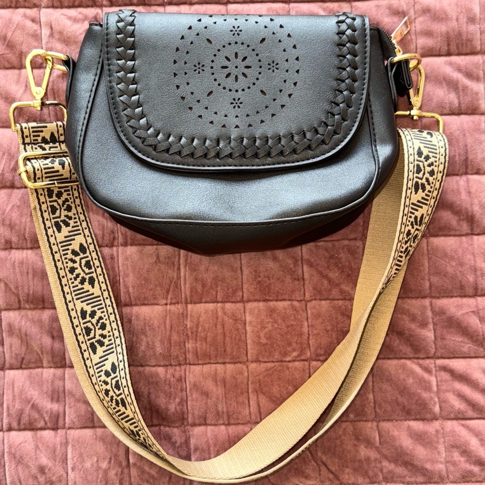 Black Crossbody Bag with Patterned Strap